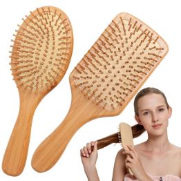 100% Natural Bamboo Hair Brush Detangling Massage Anti-Static Hair Comb Wooden Bristle Cushioned Organic Hairbrush